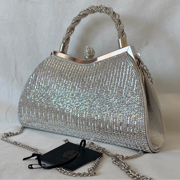 House of Harlow 1960 Metallic Silver Iridescent Rhinestone Beaded Handbag Purse - Picture 7 of 17